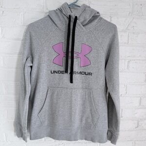 Under Armour Sz XS Loose Womens Gray Pink Logo Pullover Hoodie Sweatshirt